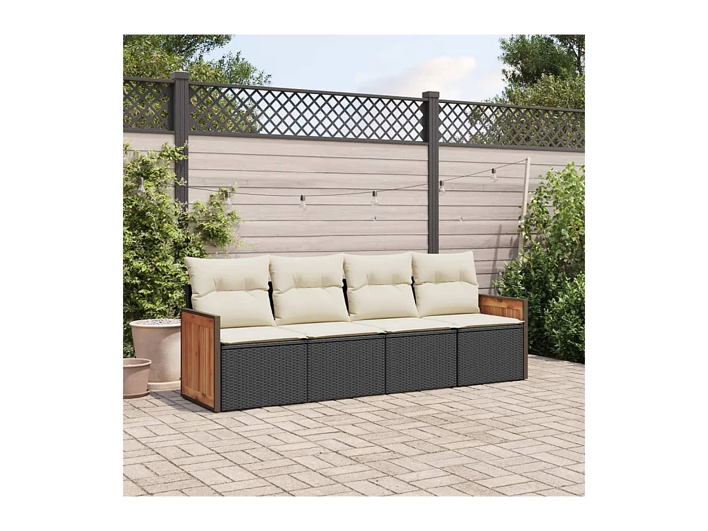 4-delige Loungeset met kussens poly rattan zwart