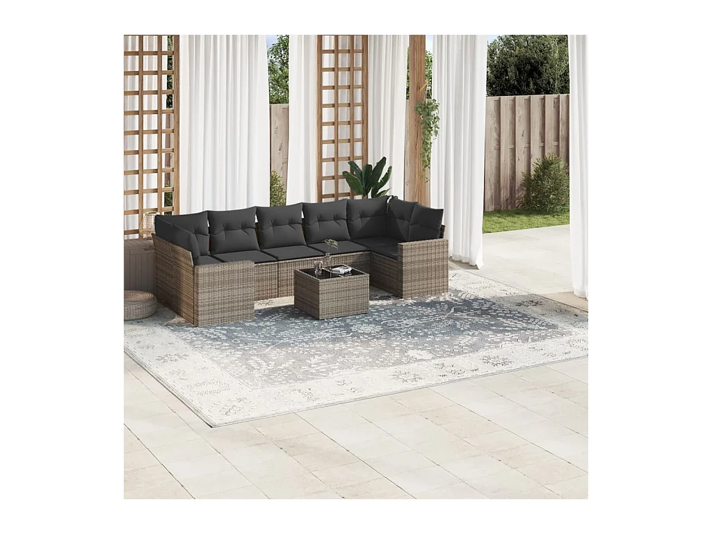 Set de sofás de jardín 8 piezas y cojines ratán sintético gris