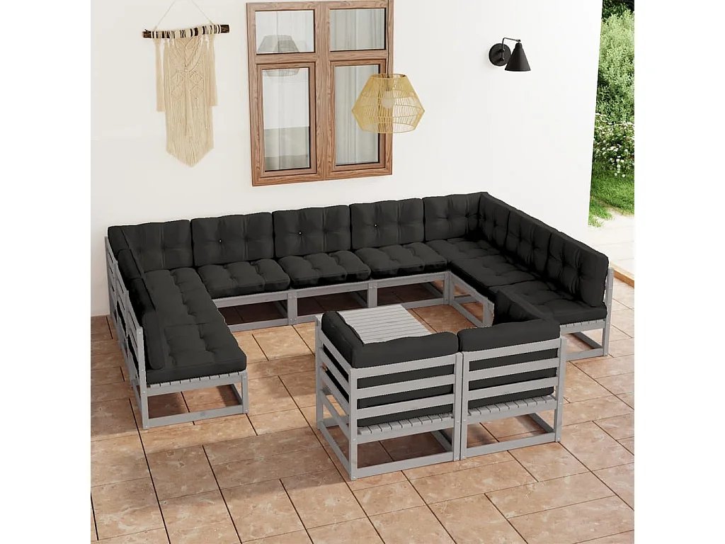 Salon de jardin 12 pièces avec coussins Gris Bois de pin massif