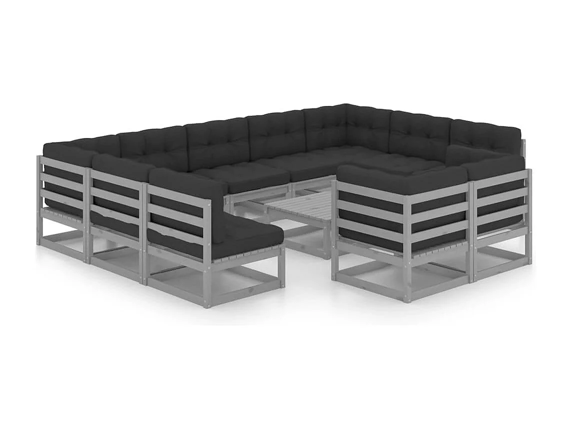 Salon de jardin 12 pièces avec coussins Gris Bois de pin massif