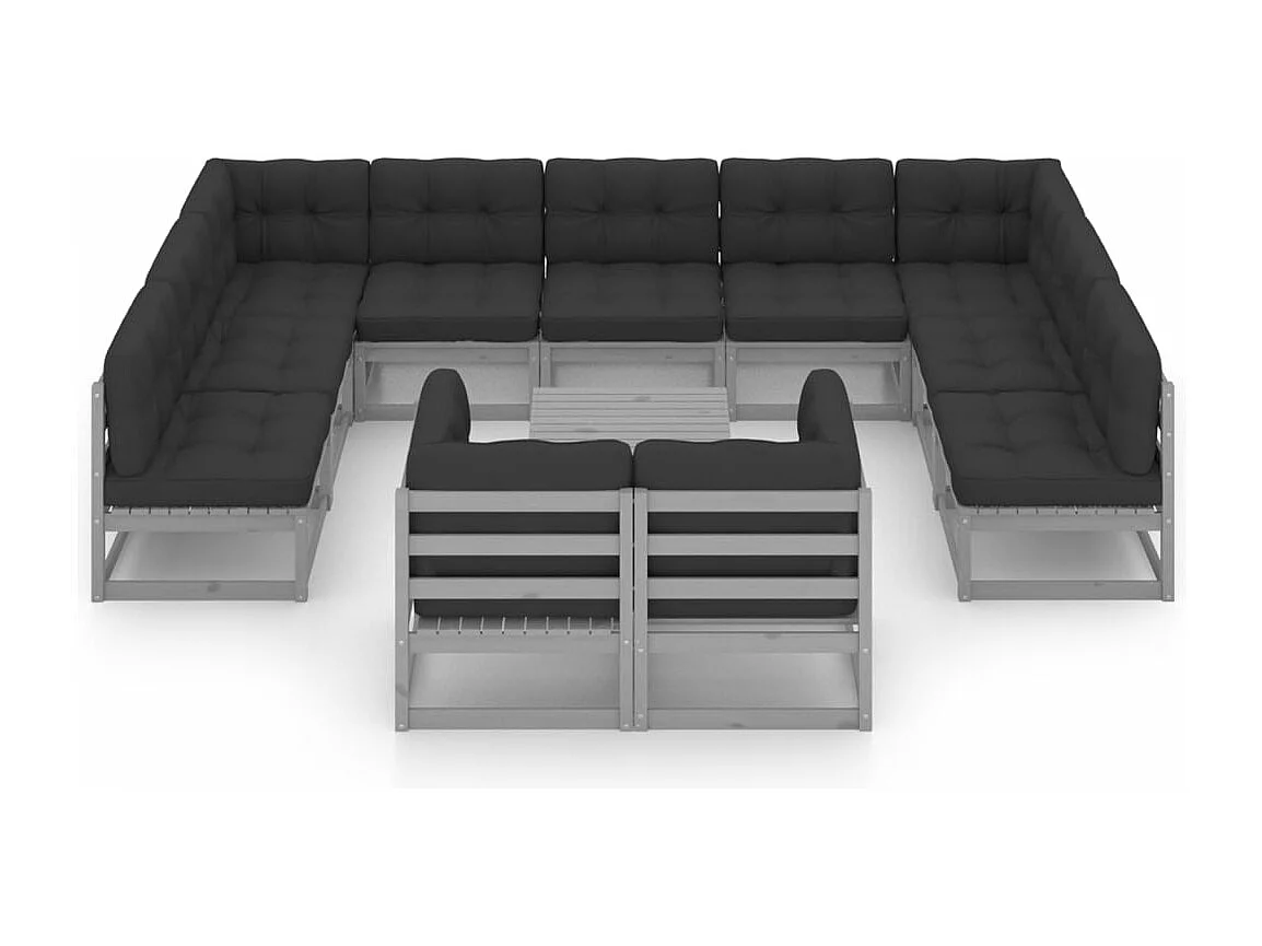 Salon de jardin 12 pièces avec coussins Gris Bois de pin massif