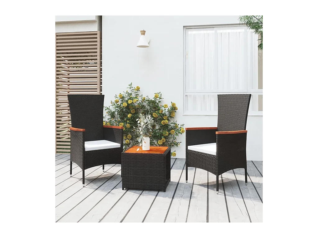 Ensemble de salon de jardin 3 pièces noir poly rotin et acacia