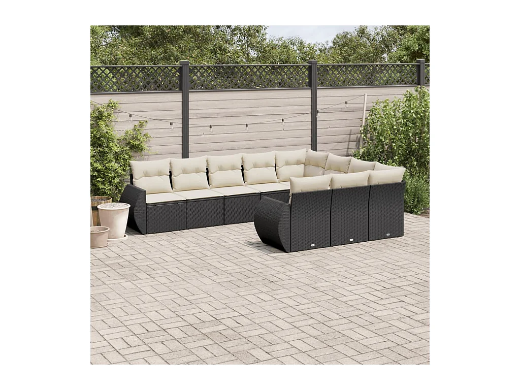 Salon de jardin 10 pièces avec coussins noir résine tressée