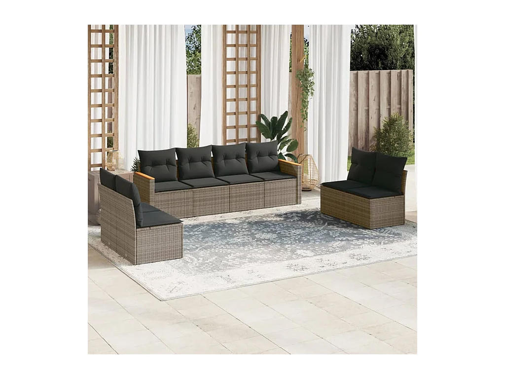 8-delige Loungeset met kussens poly rattan grijs