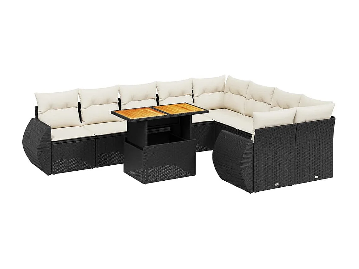 10 peças conjunto sofás de jardim c/ almofadões vime PE preto