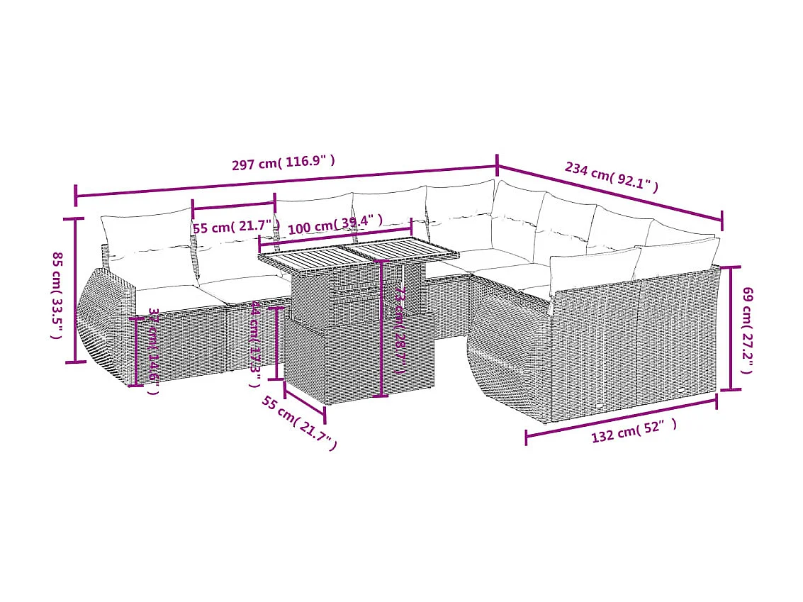 10 peças conjunto sofás de jardim c/ almofadões vime PE preto