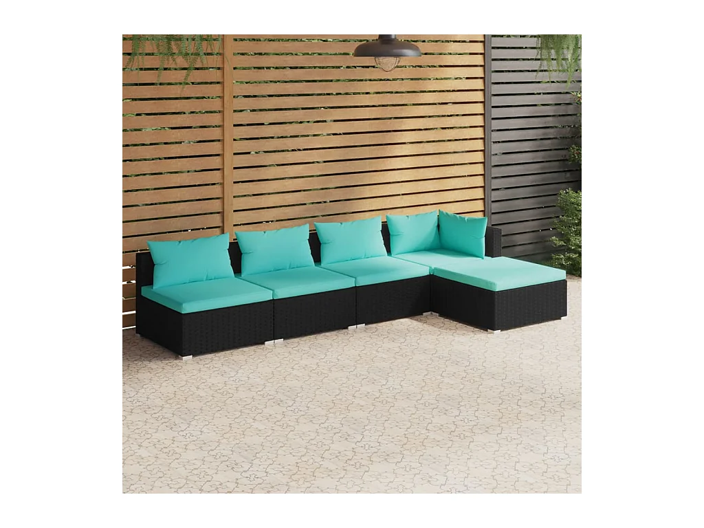 5-delige Loungeset met kussens poly rattan zwart