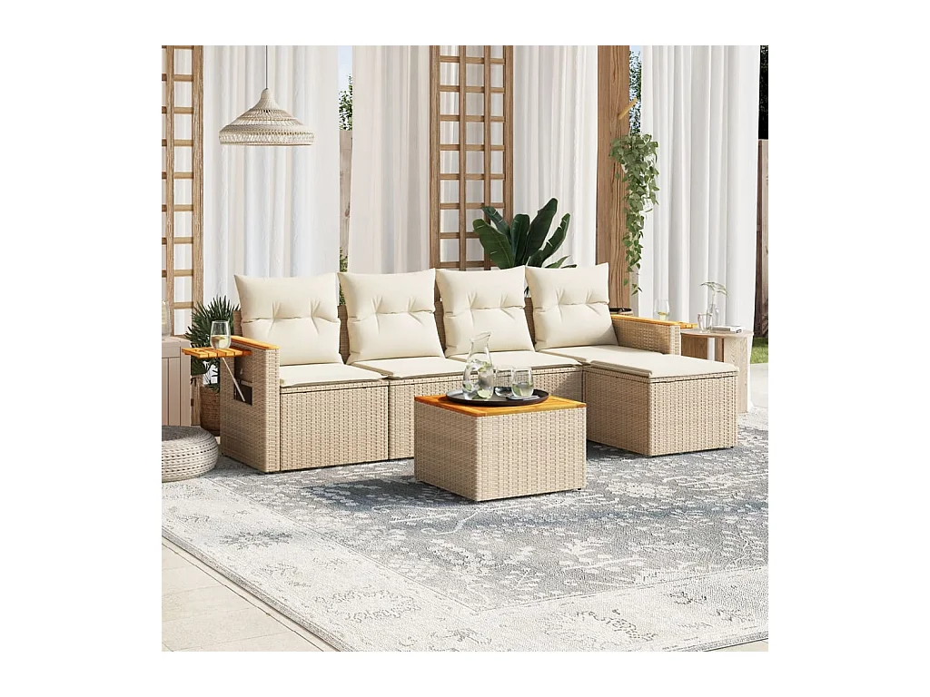 Salon de jardin avec coussins 6 pièces beige résine tressée