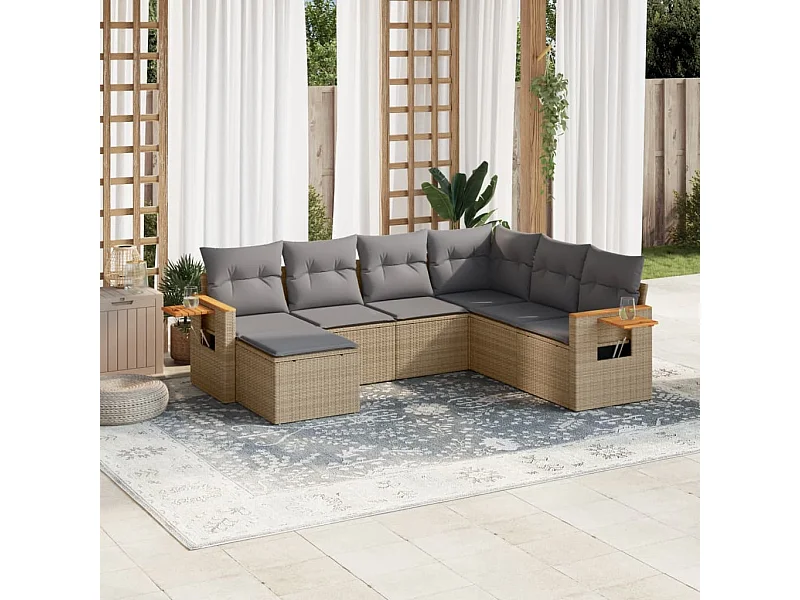 7-delige Loungeset met kussens poly rattan beige