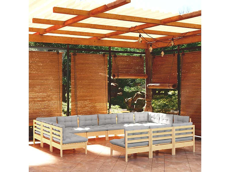 13peças conjunto lounge de jardim + almofadões cinza pinho maciço