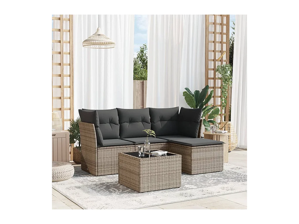 Salon de jardin 5 pièces avec coussins gris résine tressée