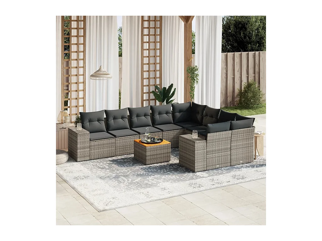 Salon de jardin avec coussins 10 pièces gris résine tressée