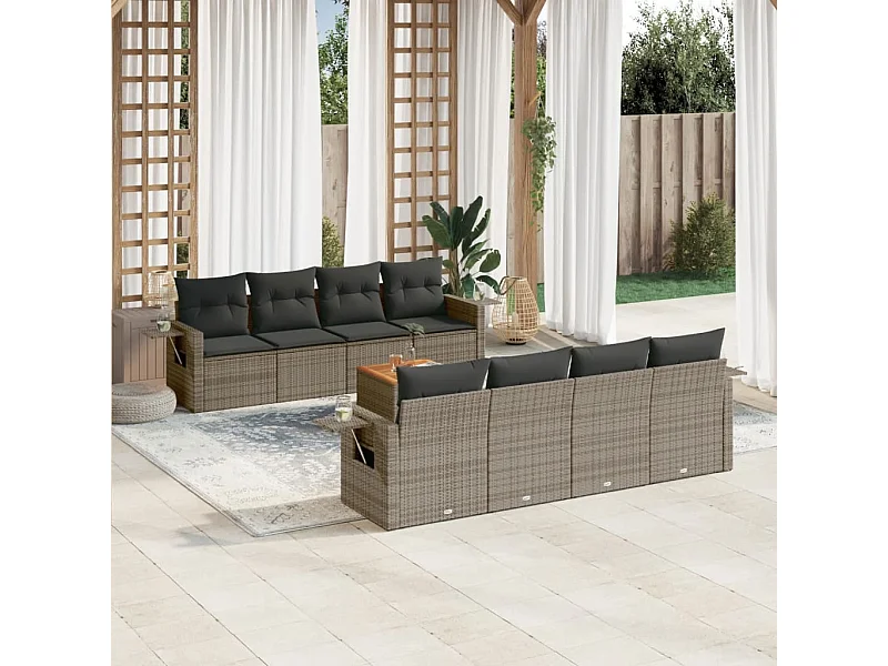 Set de muebles de jardín 9 piezas y cojines ratán sintético gris