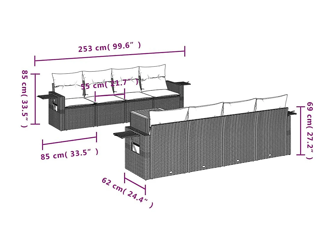 Set de muebles de jardín 9 piezas y cojines ratán sintético gris