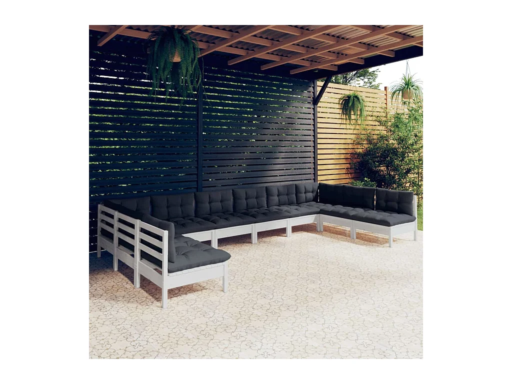 Salon de jardin 10 pièces avec coussins blanc bois de pin solide