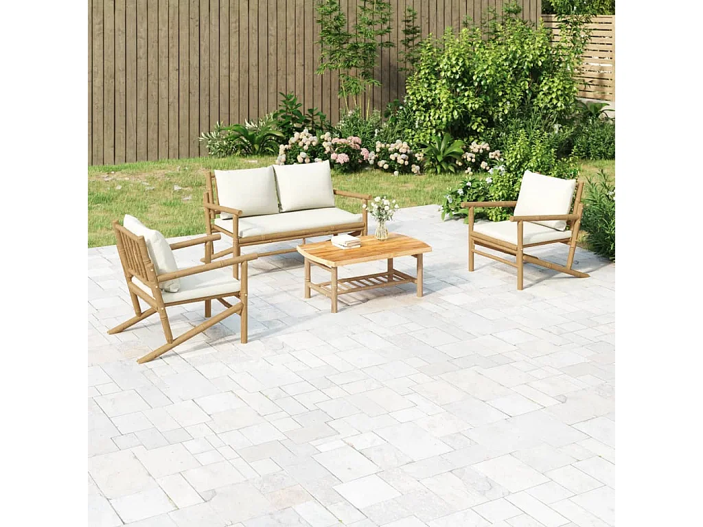 Salon de jardin 4 pièces avec coussins blanc crème bambou