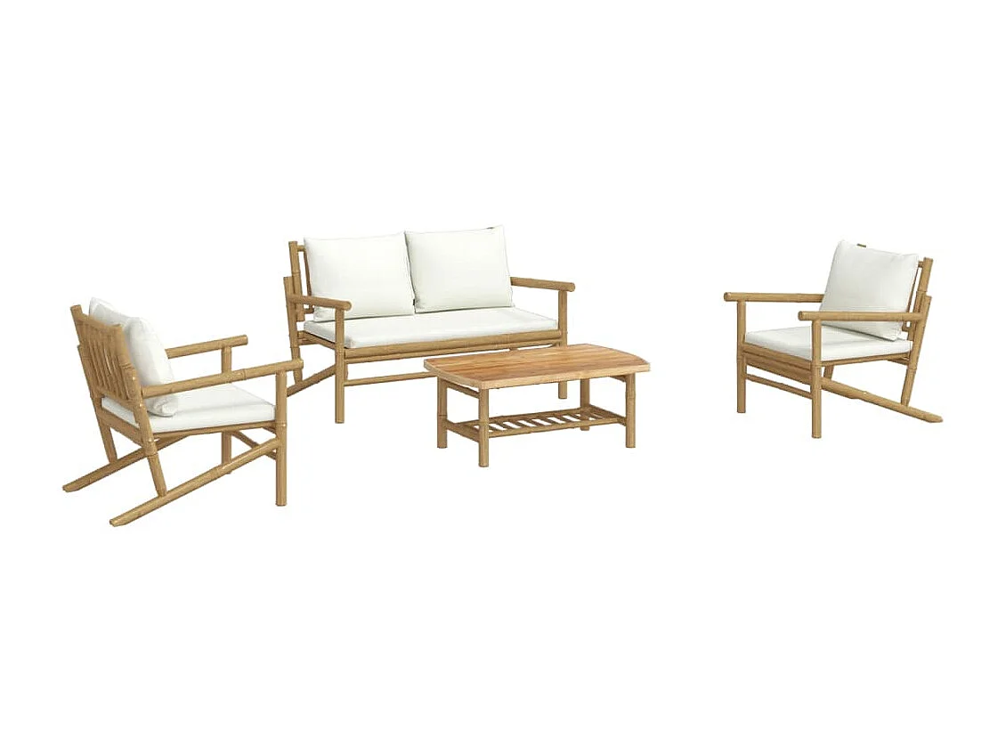 Salon de jardin 4 pièces avec coussins blanc crème bambou