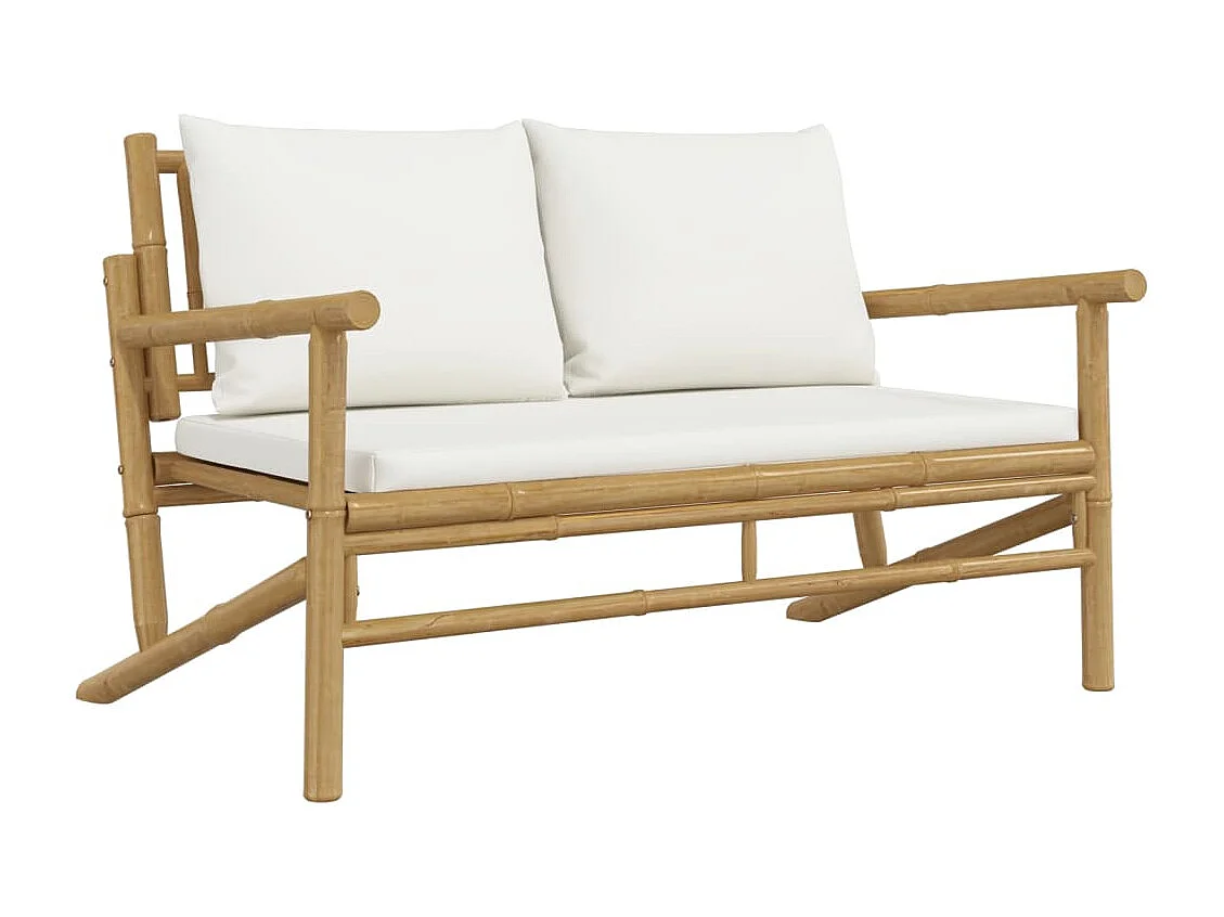 Salon de jardin 4 pièces avec coussins blanc crème bambou