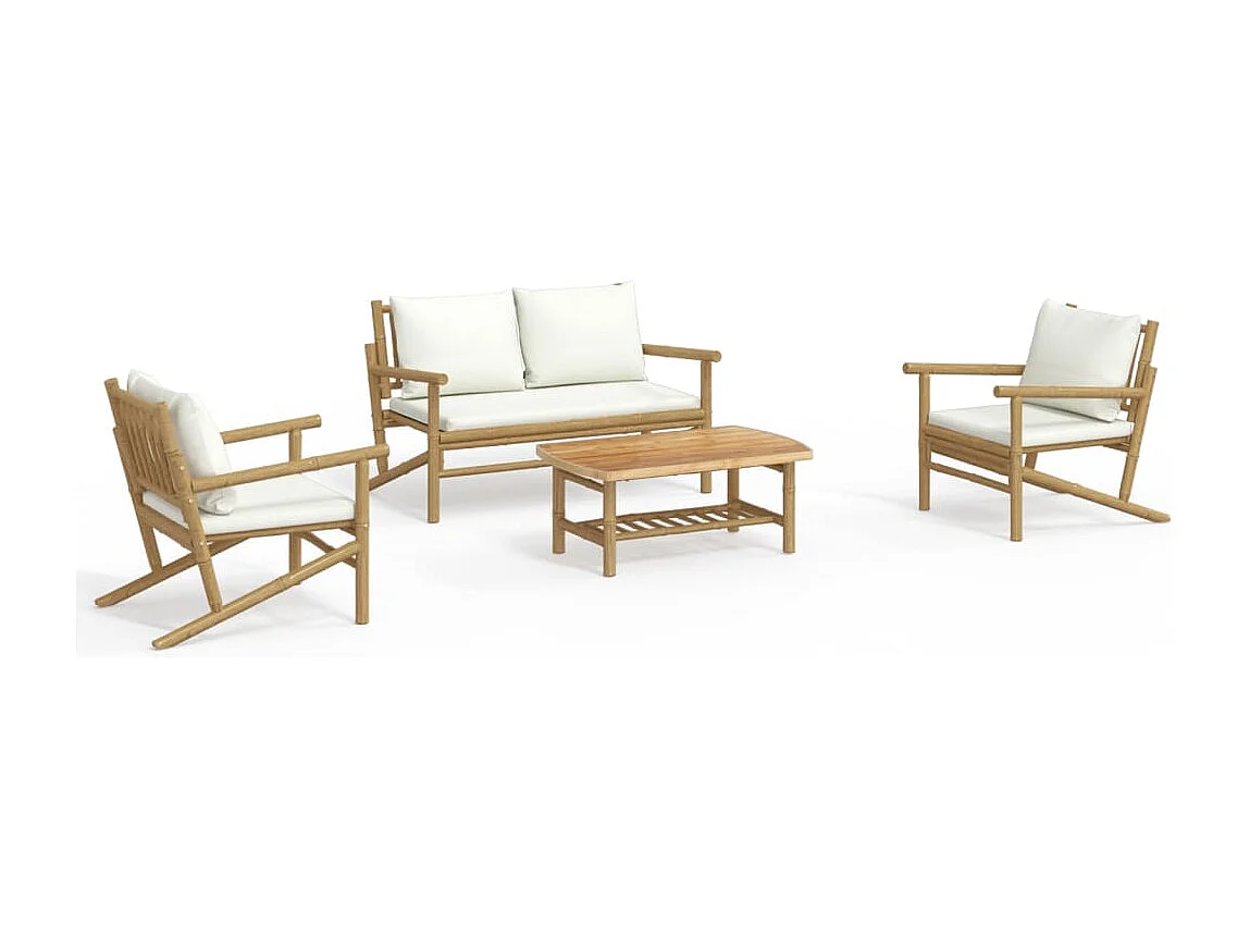 Salon de jardin 4 pièces avec coussins blanc crème bambou