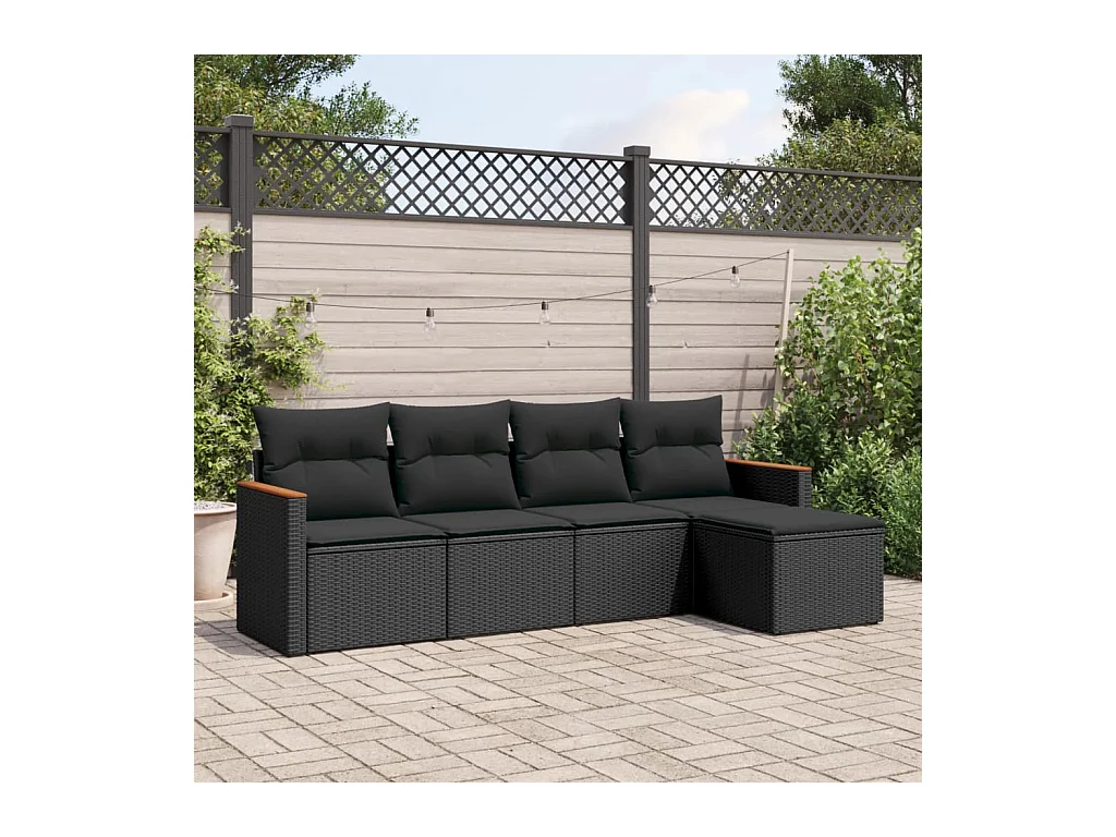 Set de muebles de jardín 5 piezas y cojines ratán sintético negro