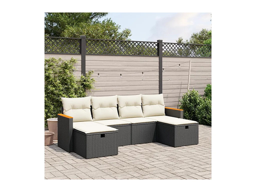 6-delige Loungeset met kussens poly rattan zwart