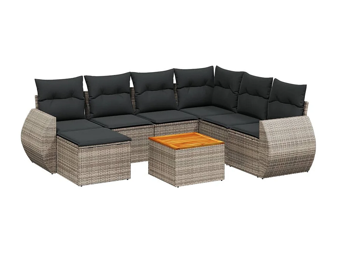 Salon de jardin 8 pièces avec coussins gris résine tressée