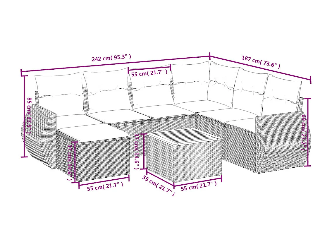 Salon de jardin 8 pièces avec coussins gris résine tressée