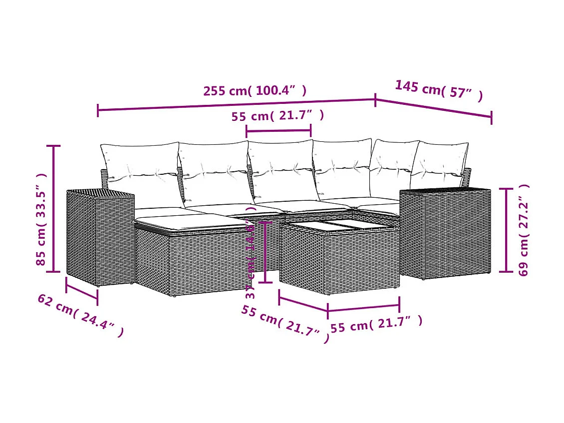 7-delige Loungeset met kussens poly rattan grijs