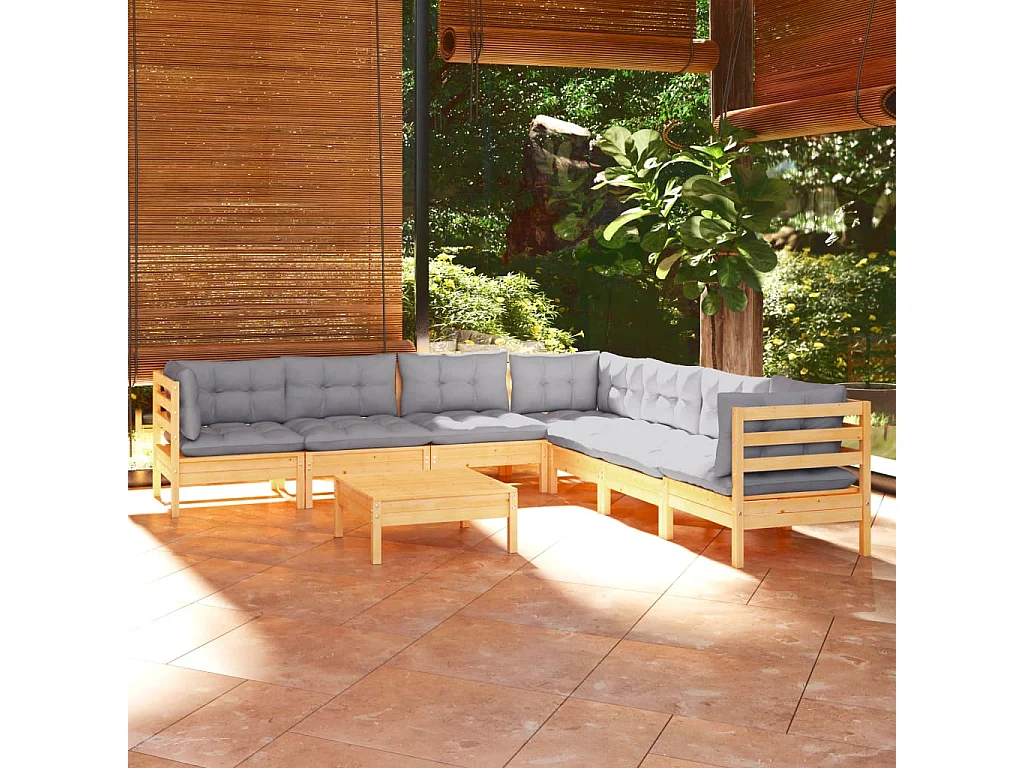 Salon de jardin 8 pièces avec coussins gris Bois de pin solide