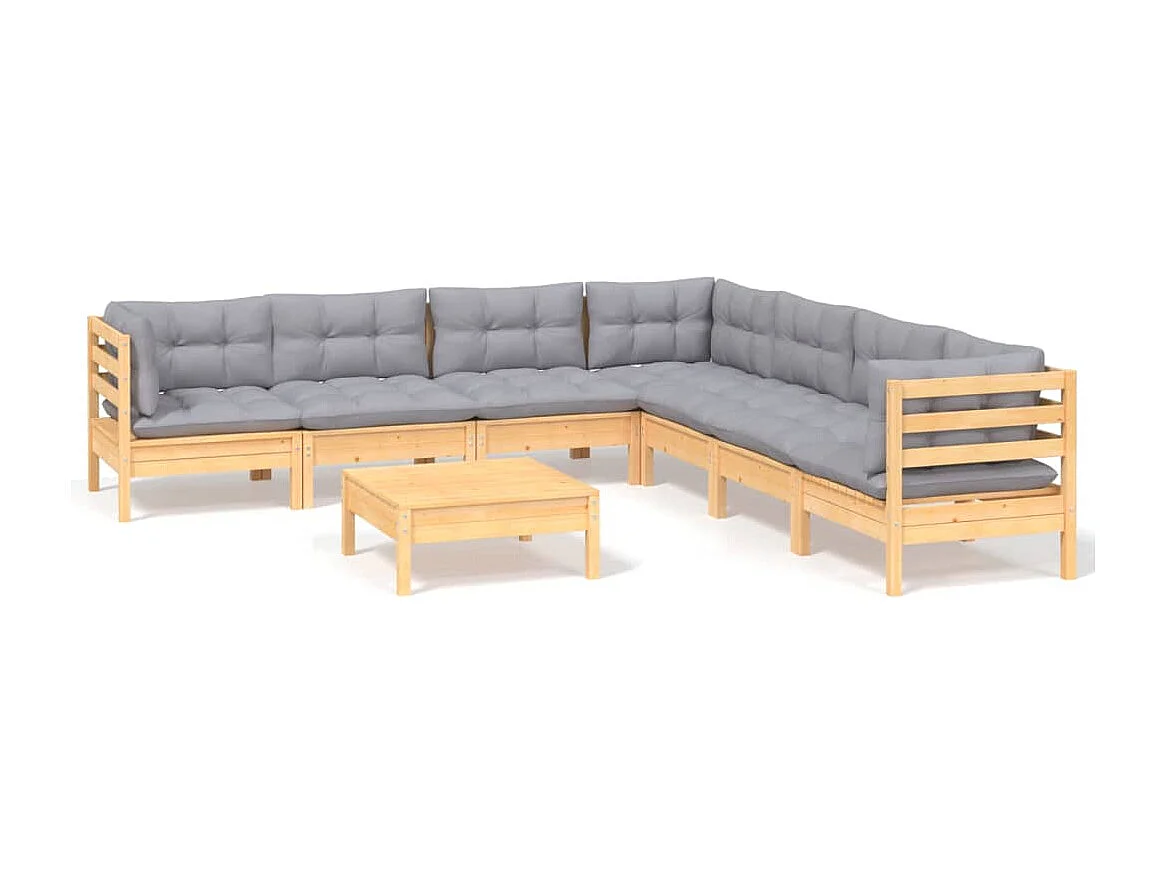 Salon de jardin 8 pièces avec coussins gris Bois de pin solide