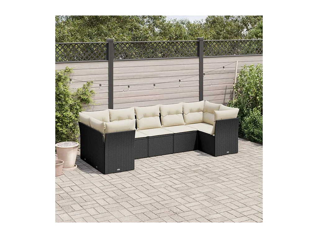 Salon de jardin 7 pièces avec coussins noir résine tressée