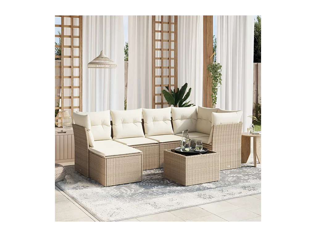 Salon de jardin avec coussins 7 pièces beige résine tressée