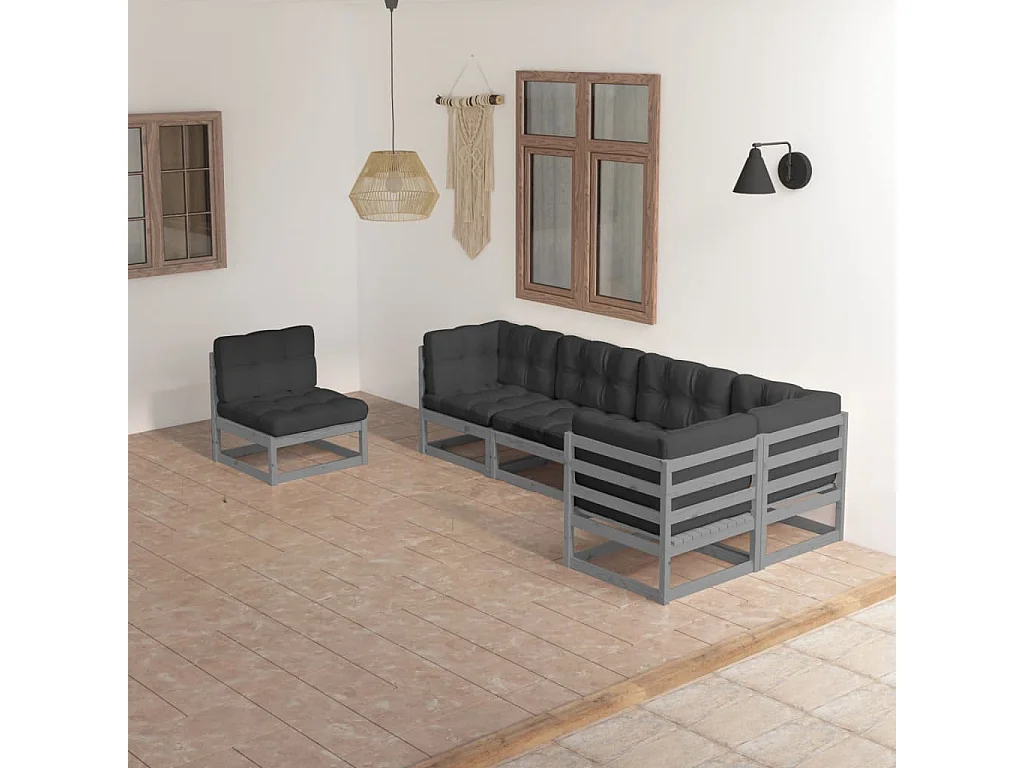 Juego de muebles de jardín 6 piezas y cojines madera pino maciza