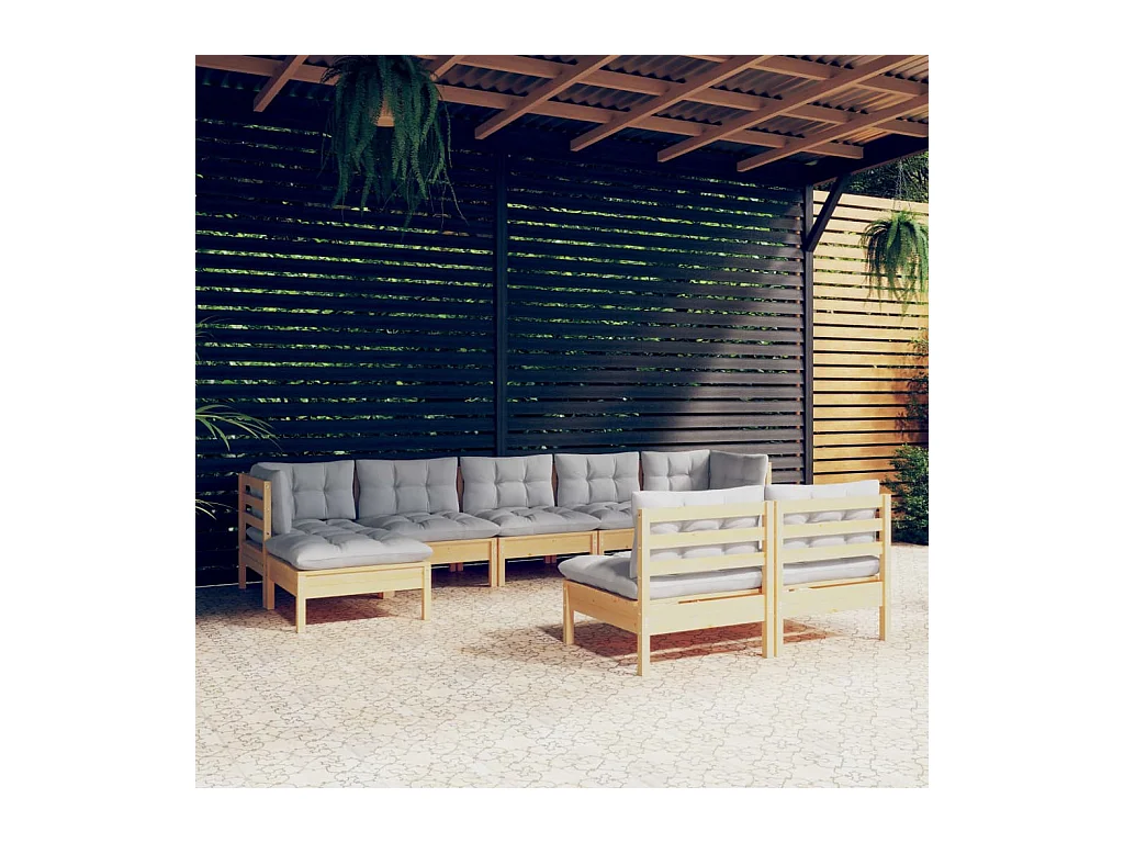Juego de muebles de jardín 9 piezas y cojines madera pino gris