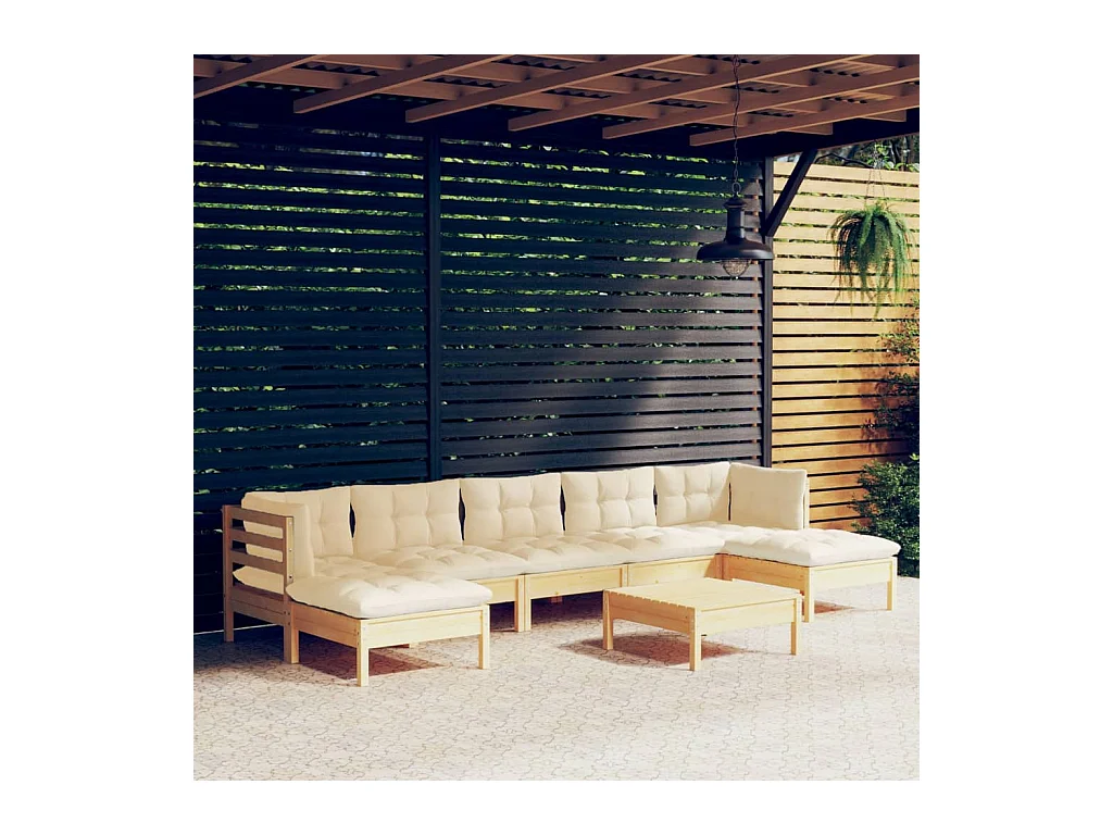 Salon de jardin 8 pièces avec coussins crème bois de pin
