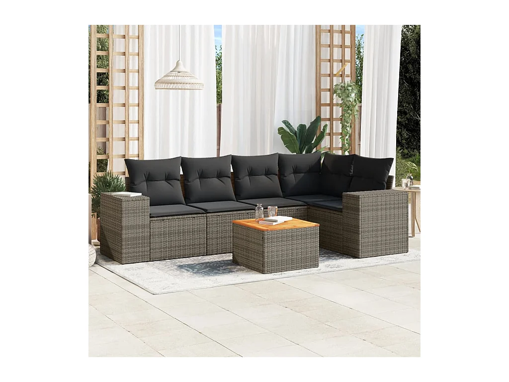 Salon de jardin 6 pièces avec coussins gris résine tressée