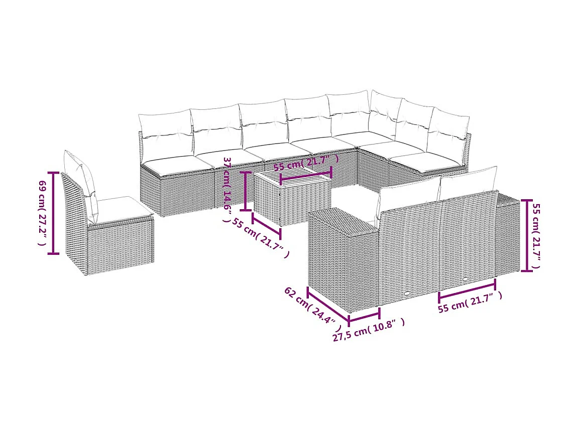 Salon de jardin 11 pièces avec coussins beige résine tressée