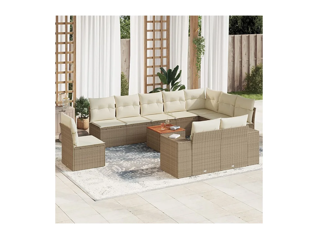 Salon de jardin 11 pièces avec coussins beige résine tressée