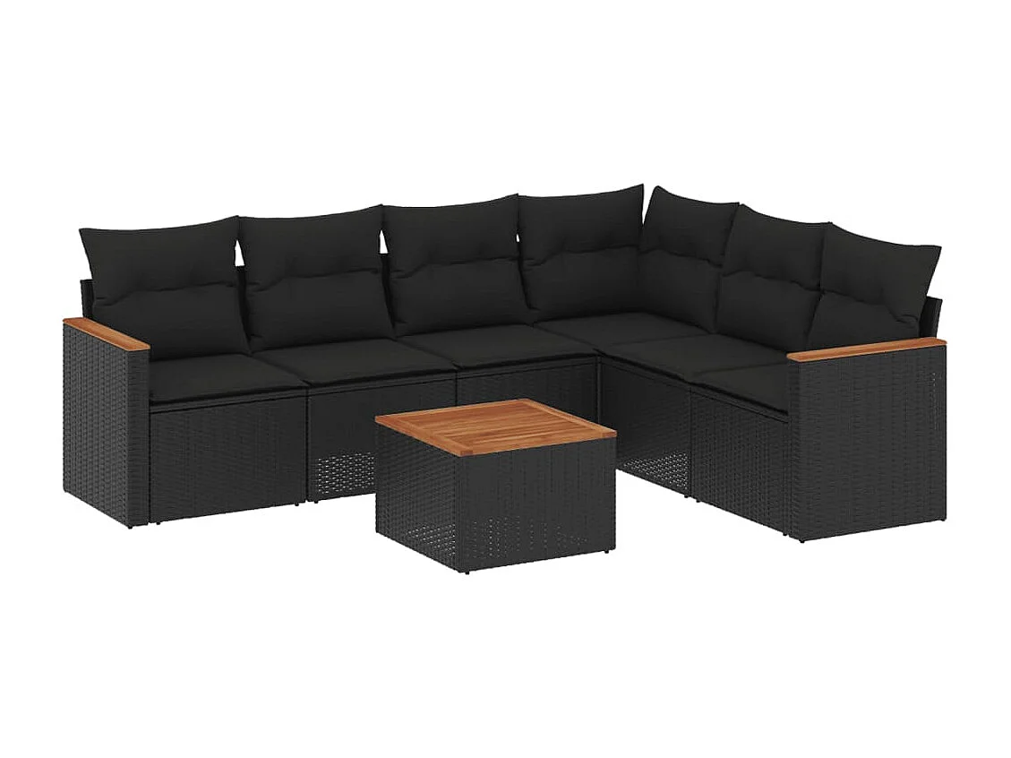 7 peças conjunto de sofás p/ jardim c/ almofadões vime PE preto