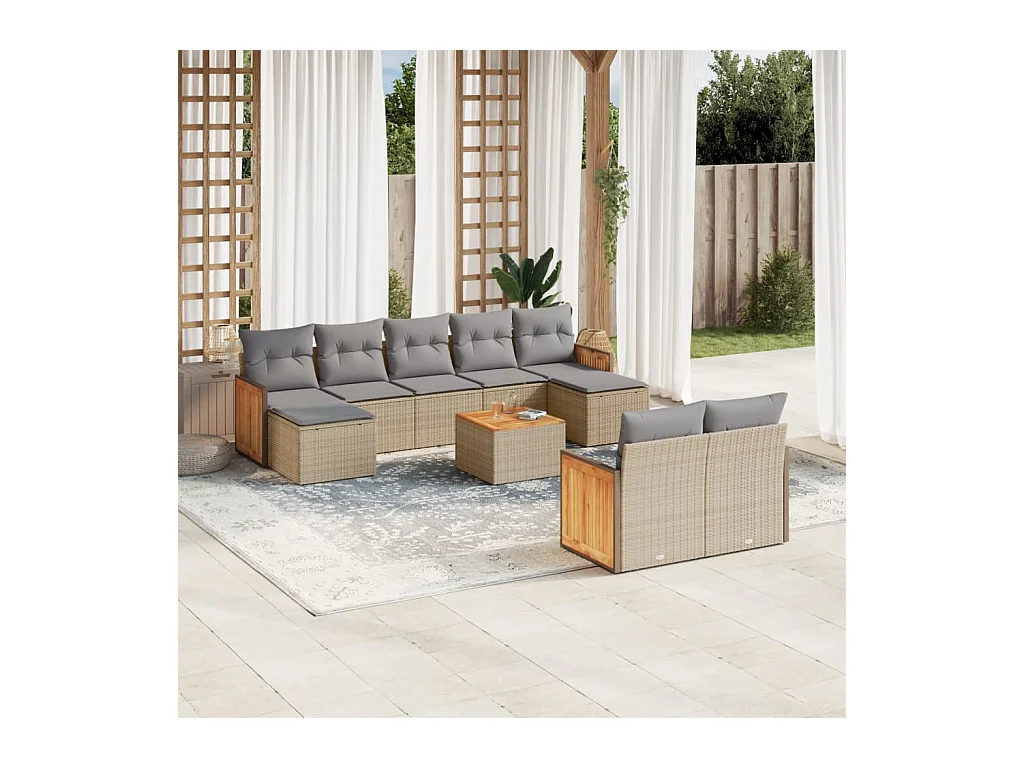 Salon de jardin avec coussins 10 pièces beige résine tressée