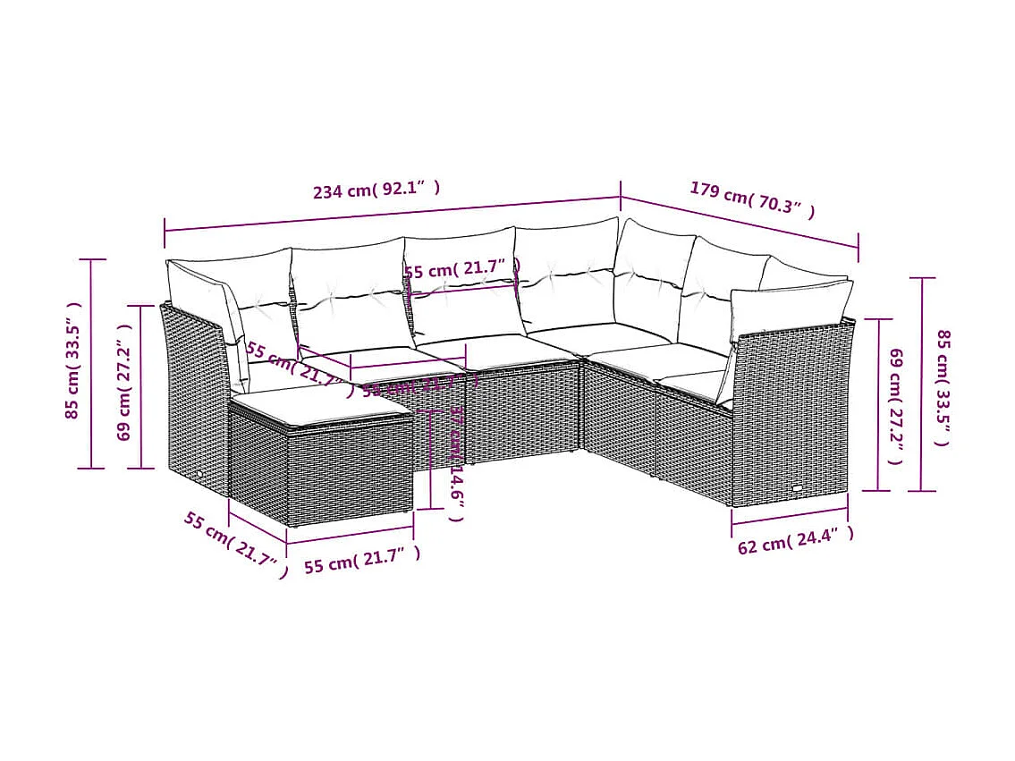 7-delige Loungeset met kussens poly rattan beige