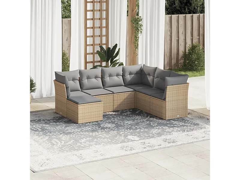 7-delige Loungeset met kussens poly rattan beige