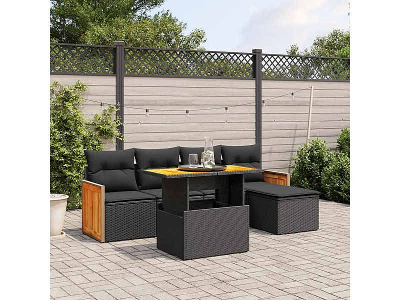 Salon de jardin 6 pièces avec coussins noir résine tressée