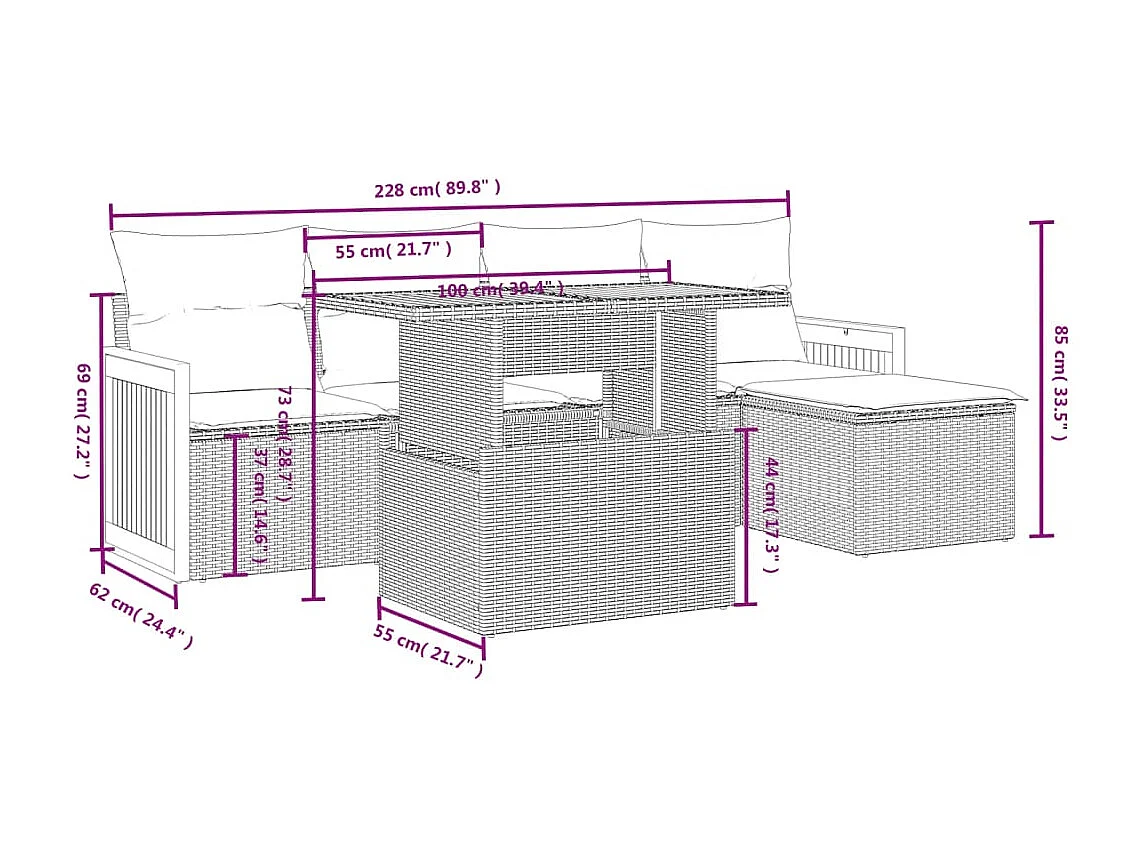 Set de sofás de jardín 6 piezas y cojines ratán sintético negro