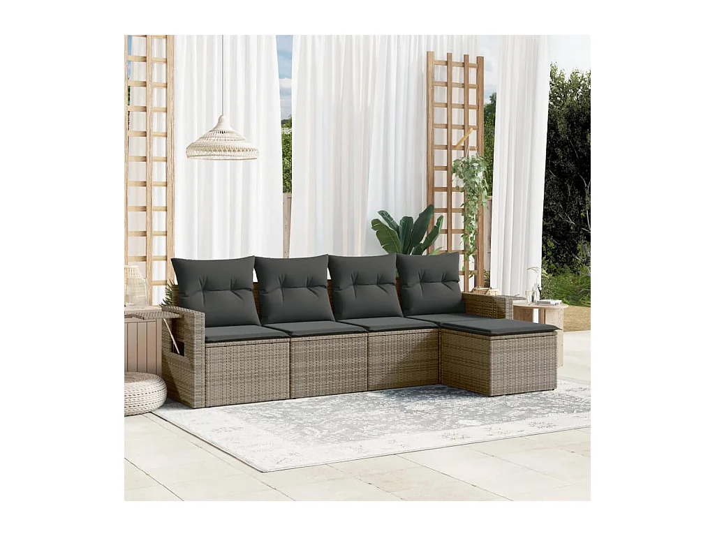 Salon de jardin 5 pièces avec coussins gris résine tressée