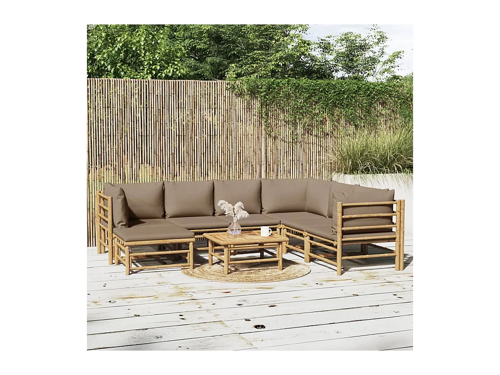 Salon de jardin 8 pièces avec coussins taupe bambou