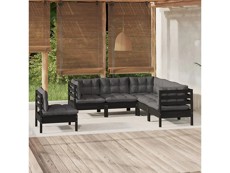 Salon de jardin 5 pièces avec coussins Noir Bois de pin