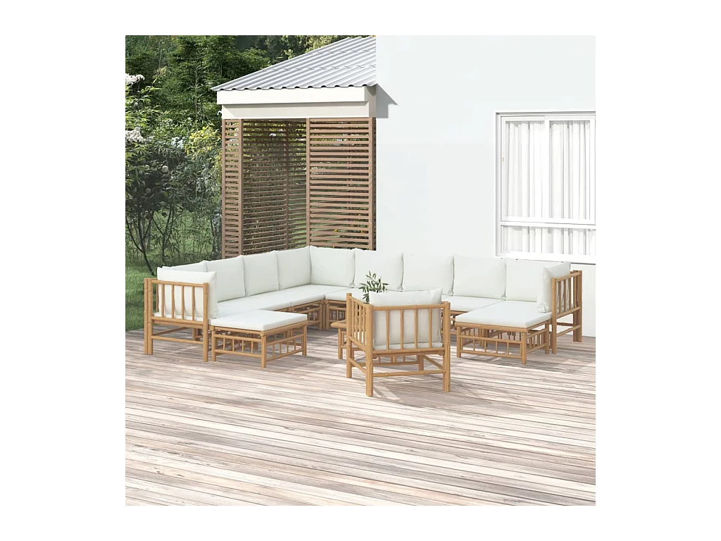 Salon de jardin 12 pièces avec coussins blanc crème bambou
