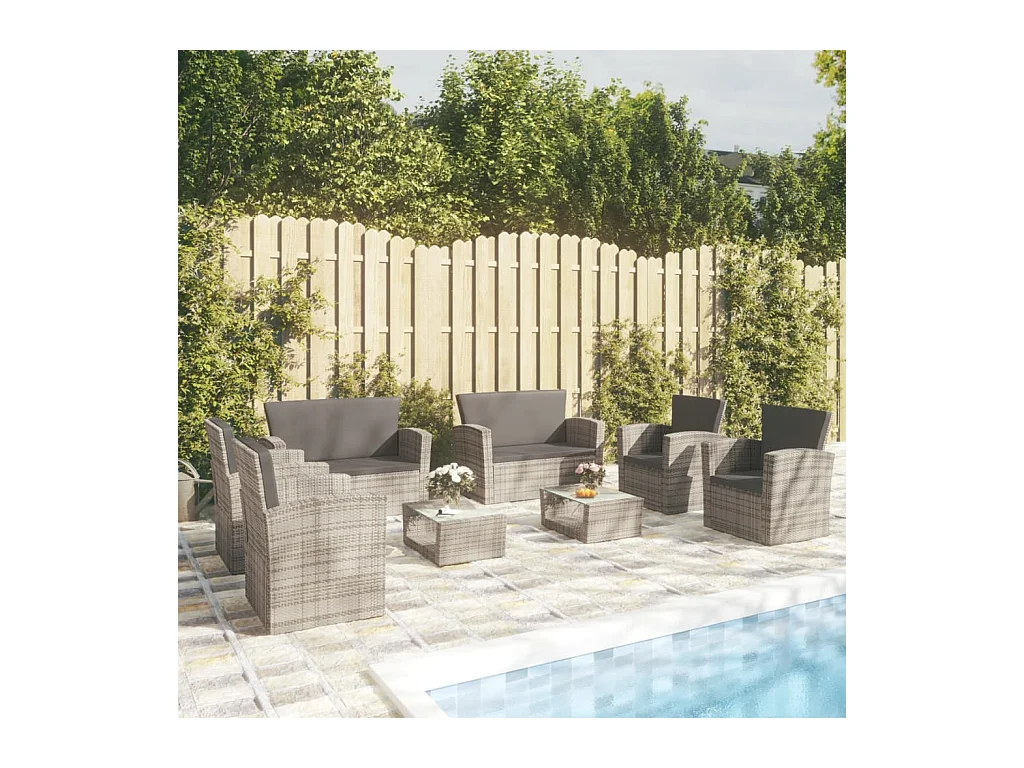 Salon de jardin 8 pièces avec coussins Résine tressée Gris