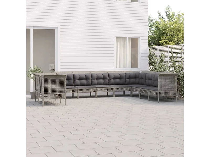 10 peças conjunto lounge de jardim c/ almofadões vime PE cinzento